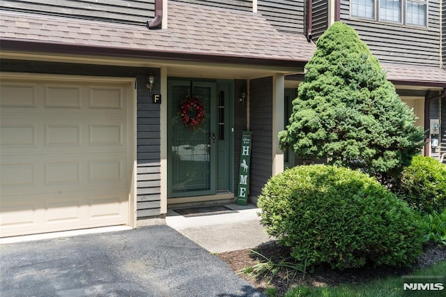 29 Concord Rd Unit F, West Milford, NJ 07480 - property entrance featuring a garage, a shingled roof, and driveway