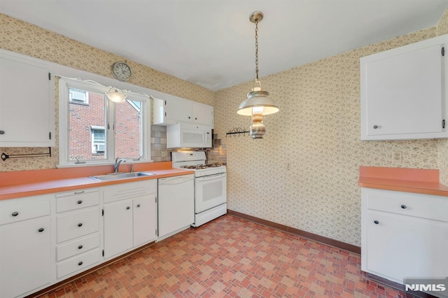 33 Ravine Dr, Hawthorne, NJ 07506 - kitchen featuring white appliances, wallpapered walls, white cabinetry, and light countertops