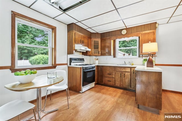 363 Amherst St, Wyckoff, NJ 07481 - kitchen featuring gas range gas stove, brown cabinetry, under cabinet range hood, light countertops, and light wood-type flooring