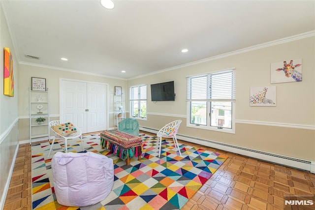 44 Columbus Ave, Totowa, NJ 07512 - recreation room with recessed lighting, a baseboard radiator, and crown molding