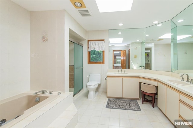 44 Columbus Ave, Totowa, NJ 07512 - bathroom with a skylight, a bath, double vanity, tile patterned flooring, and a shower stall