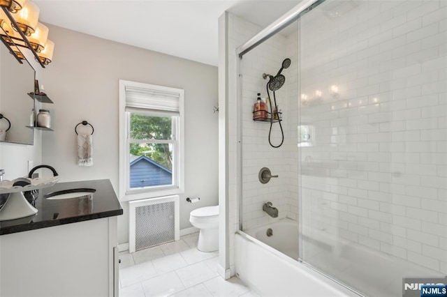 862 Lafayette Ave Extension, Hawthorne, NJ 07506 - full bath with radiator heating unit, vanity, bath / shower combo with glass door, tile patterned floors, and a chandelier