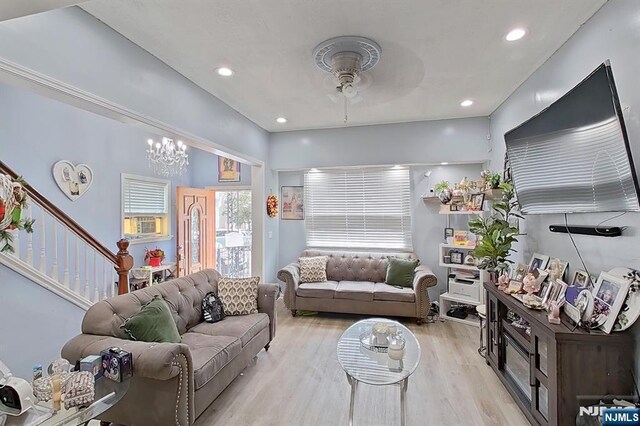 299 7th Ave, Newark, NJ 07107 - living area with a ceiling fan, stairs, light wood-style floors, and recessed lighting