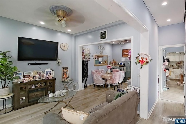 299 7th Ave, Newark, NJ 07107 - living room featuring ceiling fan, light wood-style floors, and recessed lighting