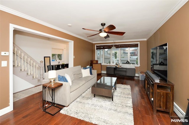39 Mozart St, East Rutherford, NJ 07073 - living room featuring a ceiling fan, ornamental molding, wood finished floors, a baseboard radiator, and stairs