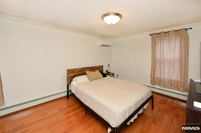 39 Mozart St, East Rutherford, NJ 07073 - bedroom with a wall mounted air conditioner, baseboard heating, ornamental molding, and wood finished floors