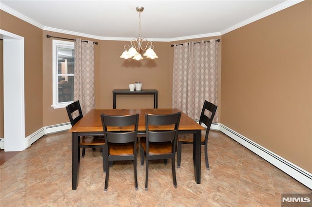 39 Mozart St, East Rutherford, NJ 07073 - dining area featuring a chandelier, baseboard heating, and ornamental molding