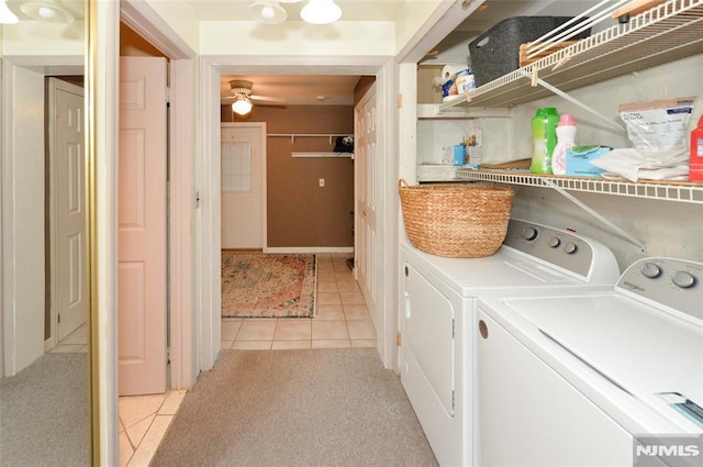 39 Mozart St, East Rutherford, NJ 07073 - washroom featuring separate washer and dryer, light tile patterned floors, ceiling fan, and light colored carpet