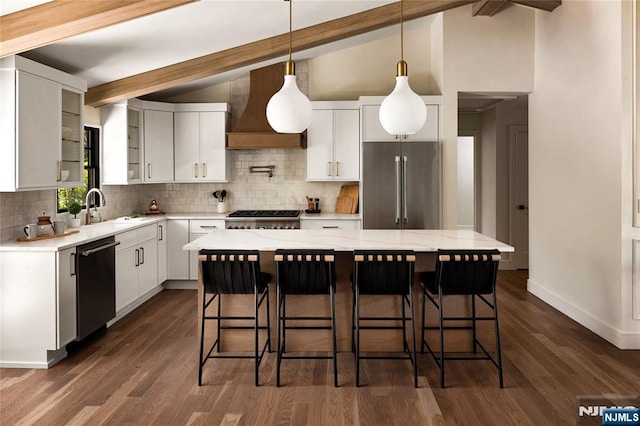 505 Darby Ct, Ridgewood, NJ 07450 - kitchen with appliances with stainless steel finishes, decorative backsplash, premium range hood, and dark wood-style floors