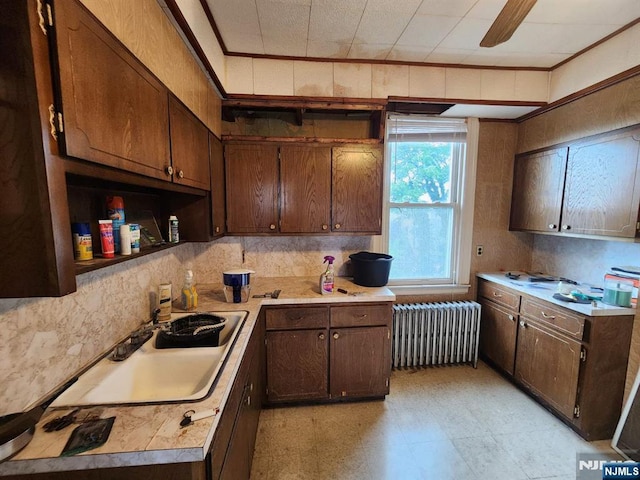 4311 Cottage Ave, North Bergen, NJ 07047 - kitchen with radiator heating unit, light countertops, decorative backsplash, and dark brown cabinetry