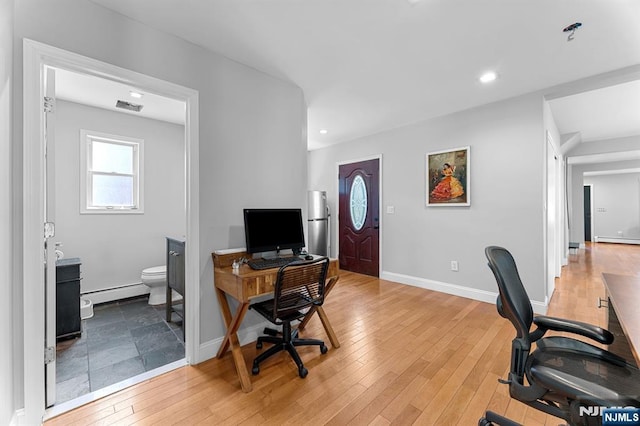 203 Central Ave, Bogota, NJ 07603 - office area with a baseboard radiator, light wood-type flooring, recessed lighting, and a baseboard heating unit