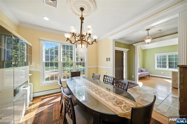 6 Highland Ave, Demarest, NJ 07627 - dining area featuring baseboard heating, a chandelier, crown molding, stone tile floors, and recessed lighting