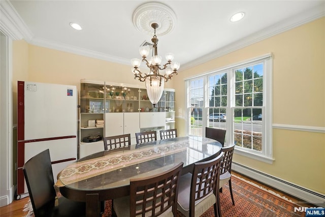 6 Highland Ave, Demarest, NJ 07627 - dining area featuring a baseboard radiator, a chandelier, ornamental molding, wood finished floors, and recessed lighting
