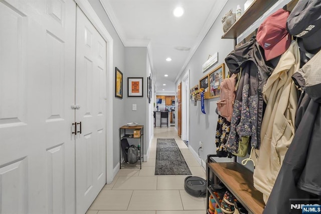 79 Newark Ave, Bloomfield, NJ 07003 - mudroom with crown molding, light tile patterned flooring, and recessed lighting