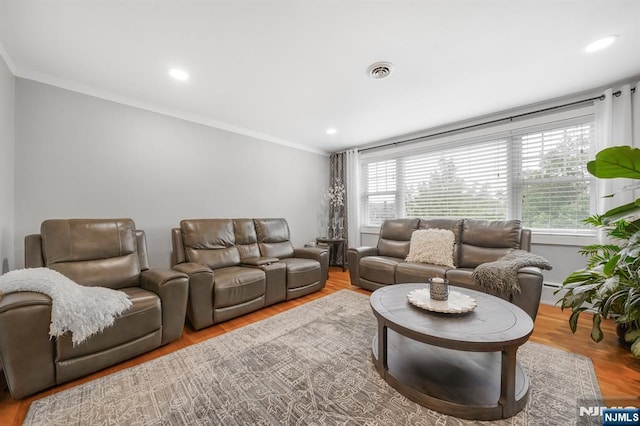 79 Newark Ave, Bloomfield, NJ 07003 - living room featuring healthy amount of natural light, crown molding, wood finished floors, and recessed lighting