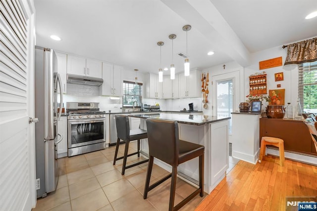 79 Newark Ave, Bloomfield, NJ 07003 - kitchen featuring appliances with stainless steel finishes, under cabinet range hood, plenty of natural light, dark countertops, and recessed lighting