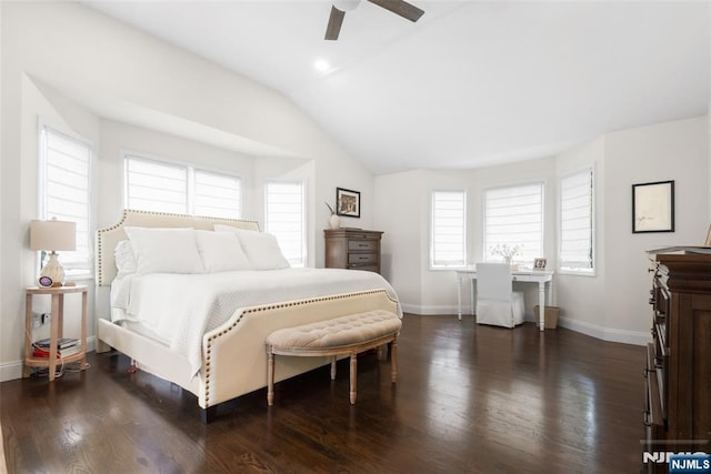 216 8th St, Cresskill, NJ 07626 - bedroom with vaulted ceiling, multiple windows, dark wood-type flooring, and ceiling fan