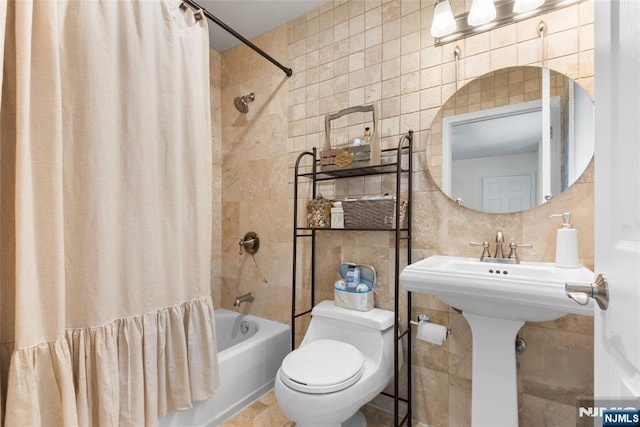 216 8th St, Cresskill, NJ 07626 - full bathroom with tile walls, shower / bath combination with curtain, and tasteful backsplash