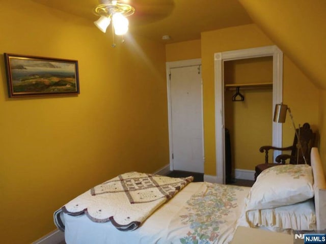 17 48th St, Weehawken, NJ 07086 - bedroom with a closet, lofted ceiling, and ceiling fan