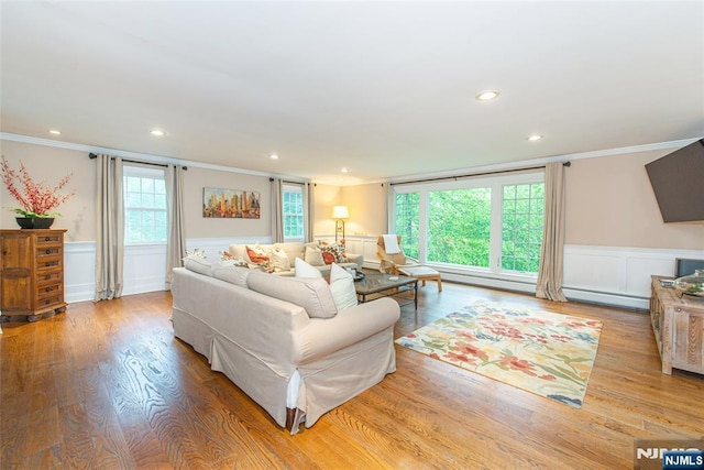 59 Green Hill Rd, Kinnelon Borough, NJ 07405 - living room with crown molding, wainscoting, recessed lighting, a baseboard radiator, and wood finished floors