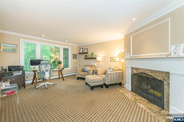 59 Green Hill Rd, Kinnelon Borough, NJ 07405 - living room featuring ornamental molding, a fireplace, and carpet
