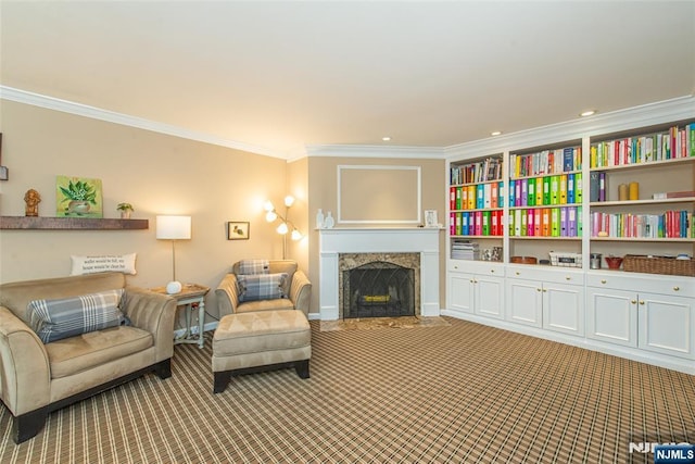 59 Green Hill Rd, Kinnelon Borough, NJ 07405 - living room featuring ornamental molding, carpet flooring, a high end fireplace, and recessed lighting