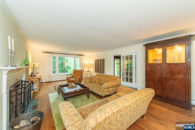 59 Green Hill Rd, Kinnelon Borough, NJ 07405 - living room with crown molding, wood-type flooring, a fireplace with raised hearth, baseboard heating, and a baseboard heating unit