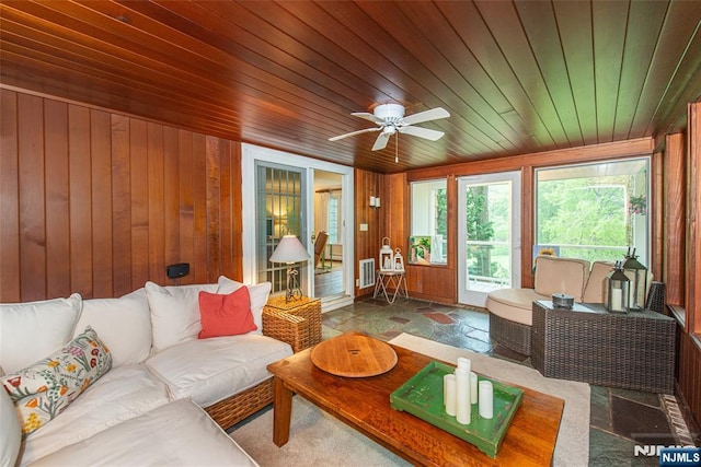 59 Green Hill Rd, Kinnelon Borough, NJ 07405 - living area featuring wooden walls, wooden ceiling, ceiling fan, and stone finish flooring