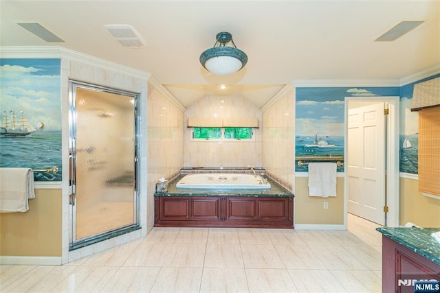 59 Green Hill Rd, Kinnelon Borough, NJ 07405 - full bathroom with a shower stall, a bath, and ornamental molding