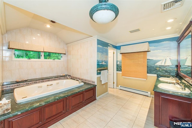 59 Green Hill Rd, Kinnelon Borough, NJ 07405 - bathroom with baseboard heating, a whirlpool tub, double vanity, ornamental molding, and vaulted ceiling