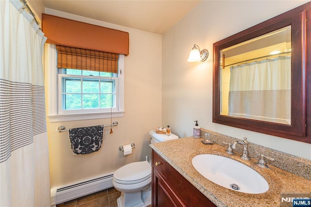 59 Green Hill Rd, Kinnelon Borough, NJ 07405 - full bath with baseboard heating, vanity, tile patterned floors, and curtained shower