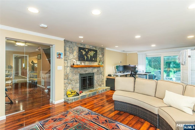 59 Green Hill Rd, Kinnelon Borough, NJ 07405 - living area with ornamental molding, wood-type flooring, a stone fireplace, recessed lighting, and an office area