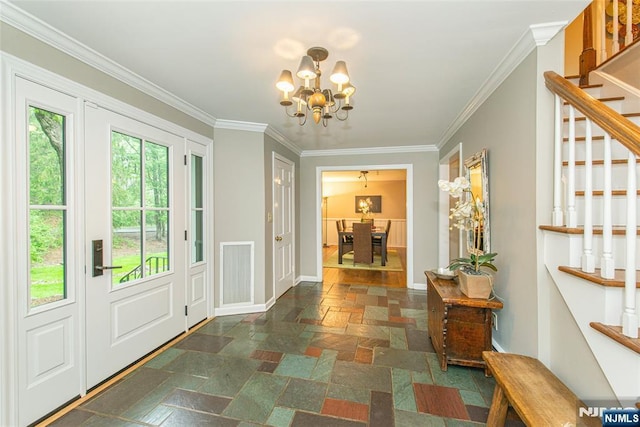 59 Green Hill Rd, Kinnelon Borough, NJ 07405 - foyer entrance with stone tile flooring, a chandelier, stairway, and ornamental molding