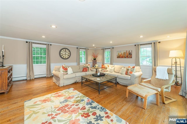 59 Green Hill Rd, Kinnelon Borough, NJ 07405 - living room featuring crown molding, wainscoting, light wood-style floors, and recessed lighting