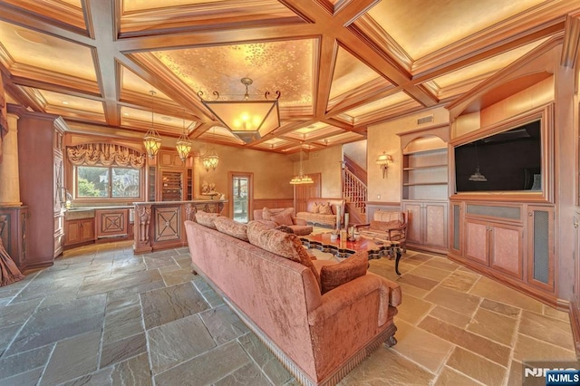 307 Freemans Ln, Franklin Lakes, NJ 07417 - living area with stone tile floors, coffered ceiling, beam ceiling, crown molding, and built in shelves