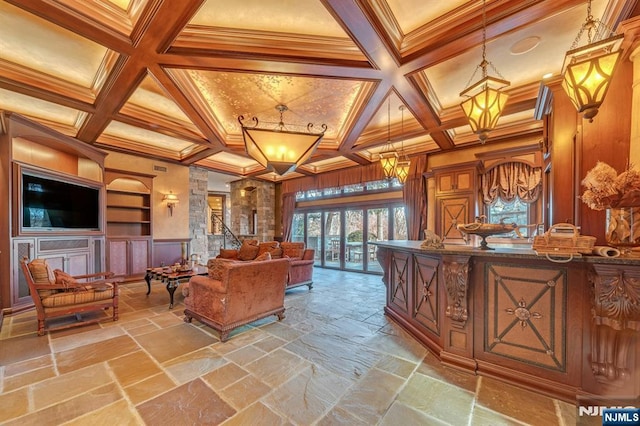 307 Freemans Ln, Franklin Lakes, NJ 07417 - living room with crown molding, stone tile floors, coffered ceiling, and beamed ceiling