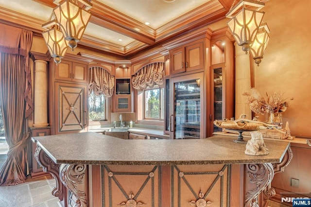 307 Freemans Ln, Franklin Lakes, NJ 07417 - kitchen with crown molding, coffered ceiling, wine cooler, a kitchen island, and dark countertops