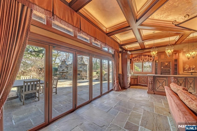 307 Freemans Ln, Franklin Lakes, NJ 07417 - unfurnished sunroom featuring french doors, coffered ceiling, and beam ceiling