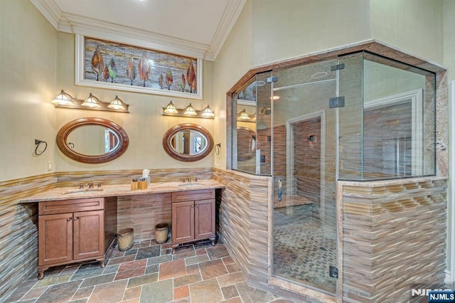 307 Freemans Ln, Franklin Lakes, NJ 07417 - bathroom with ornamental molding, double vanity, a stall shower, and stone finish flooring