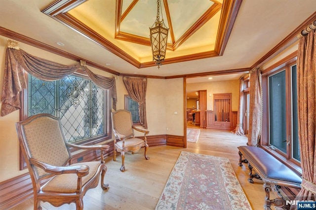 307 Freemans Ln, Franklin Lakes, NJ 07417 - sitting room featuring a tray ceiling, crown molding, wood finished floors, and wainscoting