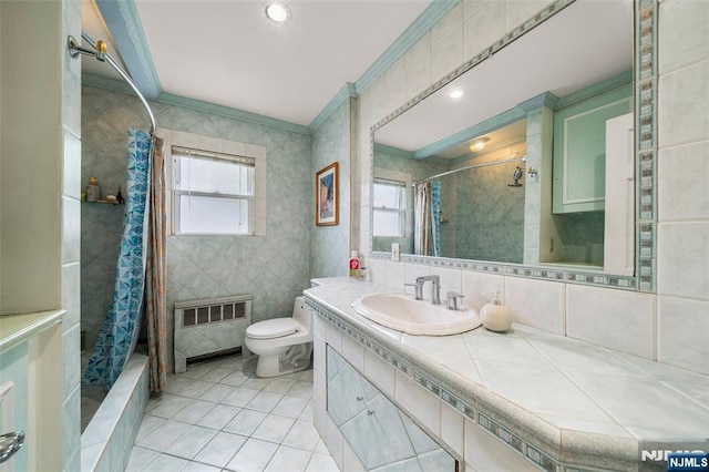 201 Oakdene Pl Unit C00E2, Cliffside Park, NJ 07010 - full bath with radiator, tile walls, tile patterned floors, vanity, and ornamental molding