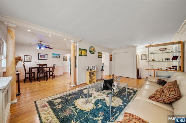 201 Oakdene Pl Unit C00E2, Cliffside Park, NJ 07010 - living area with ornate columns, a ceiling fan, crown molding, light wood-style floors, and recessed lighting
