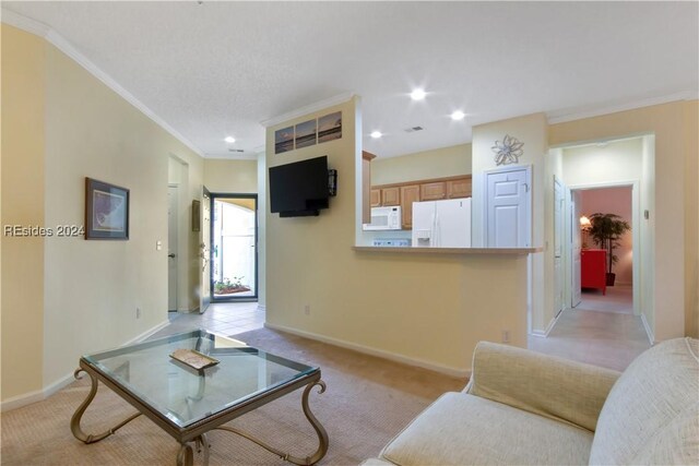 living room with crown molding and light carpet