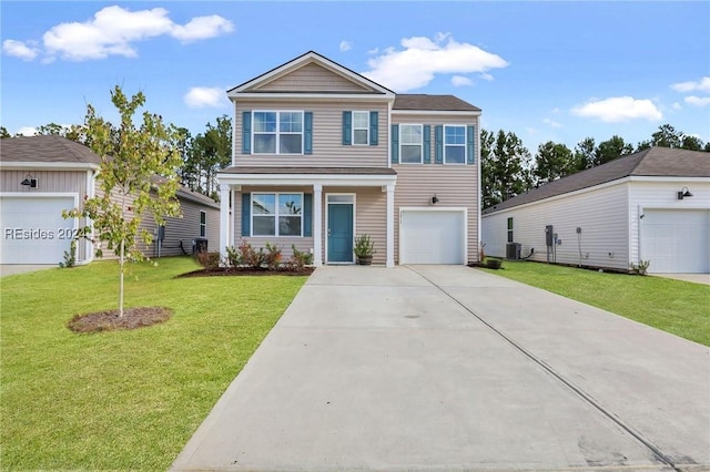 view of front facade featuring central AC, a garage, and a front lawn