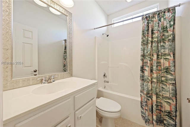 full bathroom featuring tile patterned flooring, vanity, shower / bathtub combination with curtain, and toilet