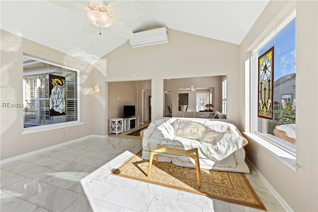 living room featuring a wall mounted air conditioner, vaulted ceiling, and ceiling fan