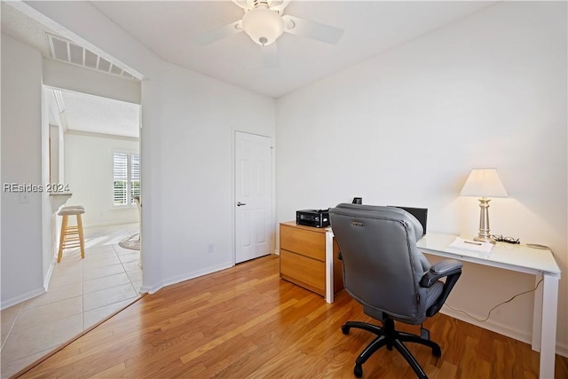 office space featuring ceiling fan and light wood-type flooring