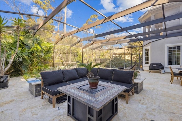 view of patio with grilling area, an outdoor hangout area, and glass enclosure