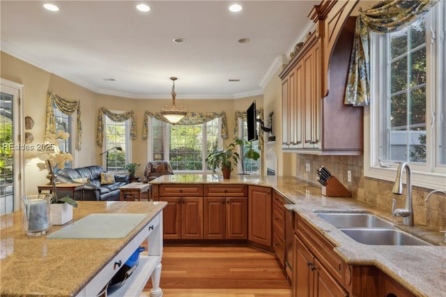 kitchen with sink, crown molding, hanging light fixtures, light wood-type flooring, and decorative backsplash