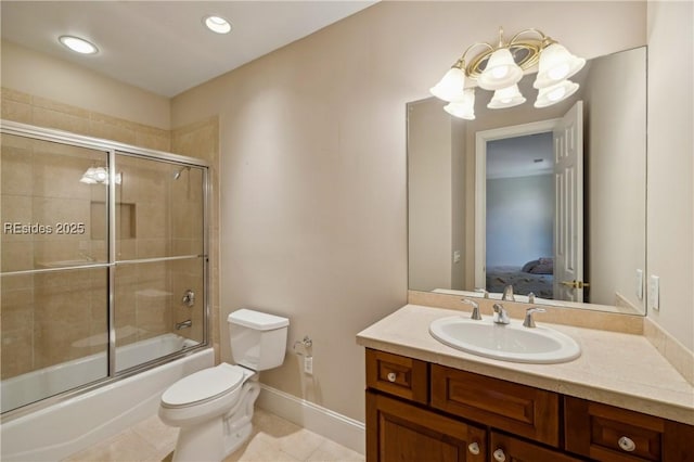 full bathroom featuring tile patterned floors, toilet, an inviting chandelier, shower / bath combination with glass door, and vanity